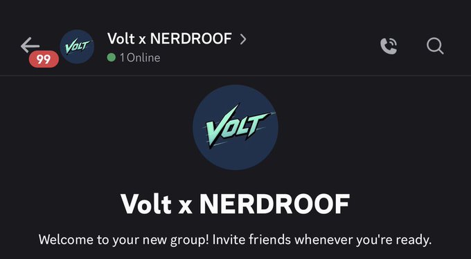A screenshot of a new WhatsApp group chat titled "Volt x NERDROOF" showing 1 member online, with a welcome message reading "Welcome to your new group! Invite friends whenever you're ready." The image relates to the post announcing a partnership between PoweredByVolt and N3RDROOF, with the group chat likely created to connect community members of the collaboration.