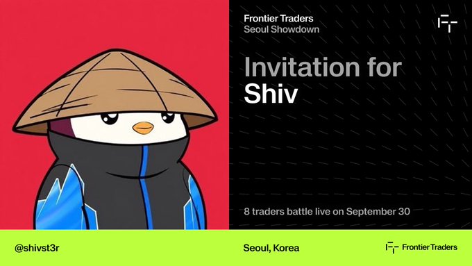 The image is a promotional graphic from Frontier Traders titled "Invitation for Shiv" for the "Seoul Showdown" event, featuring 8 traders battling live on September 30 in Seoul, Korea, with the handle @shivst3r and username @joinfrontier—suggesting Shiv has been invited to compete in this live trading competition.