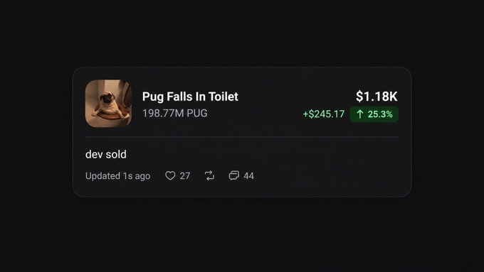 The image displays a Pump.fun memecoin tracker card for "Pug Falls In Toilet" (PUG), priced at $1.18K with a 25.3% gain (+$245.17), 198.77M market cap, and a recent "dev sold" alert within the last second. It relates to the creator's ongoing Pump.fun engagement, visually supporting their request for followers to share their Pumpfun nicknames for a chance to win $TOAD tokens.