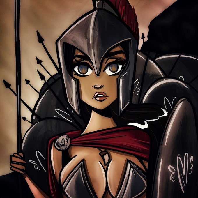 A stylized digital artwork of a fierce warrior woman in dark armor with a red-plumed helmet, holding a spear with arrows in a shield.
