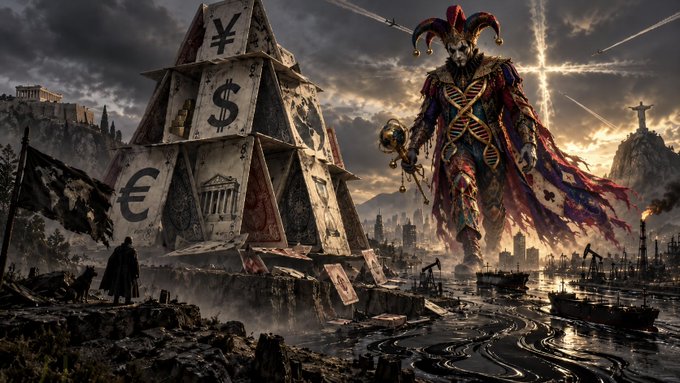 A dark fantasy scene depicts a giant jester looming over a desolate, oil-slicked wasteland, while a massive pyramid-shaped monument displays currency symbols (¥, $, €) alongside crumbling bank facades under a stormy sky.