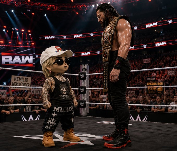 A WWE RAW wrestling scene depicting a face-off in the ring between Roman Reigns (holding the championship belt) and a stylized bobblehead-like character wearing a 'MILADY' shirt and 'You Need' cap, with a 'REMILIO WORLD ORDER' sign visible in the crowd.