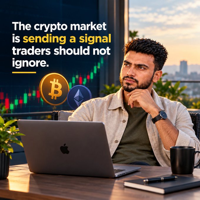 An advertisement shows a bearded man at a laptop with crypto overlays, featuring the text 'The crypto market is sending a signal traders should not ignore.' next to Bitcoin and Ethereum logos.