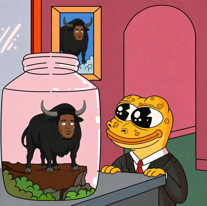 A cartoon illustration of a Pepe-style character in a suit looking at a bull with a human face inside a large glass jar, representing a metaphor for holding a position in the $ANSEM token.