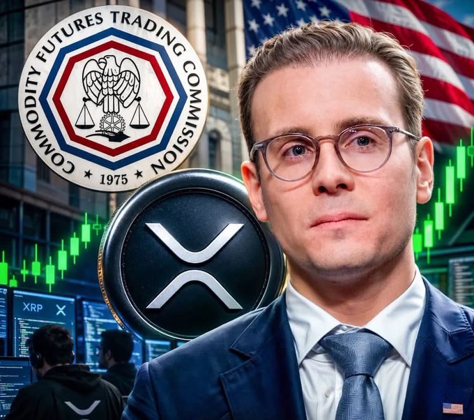 A composite image featuring a man in a suit and glasses, overlaid with the CFTC (Commodity Futures Trading Commission) seal, a large XRP cryptocurrency coin, and candlestick trading charts.