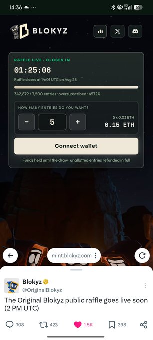 Mobile screenshot of Blokyz raffle page showing a raffle closing in 01:25:06 with 342,879/7,500 entries oversubscribed, alongside a tweet from @OriginalBlokyz about a public raffle going live.