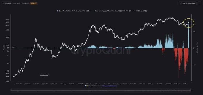 A CryptoQuant chart displays Bitcoin's price (gray line) alongside short-term whales' unrealized PnL (light blue/red bars) from 2017 to 2025, with a yellow circle highlighting a recent sharp drop into negative territory near all-time highs. This visualizes the post's claim that short-term BTC whales are engaging in unprecedented profit-taking, as the metric plunges deeply negative despite elevated prices.