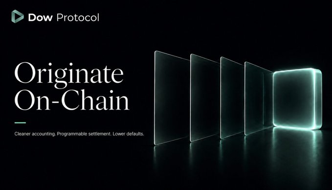 A sleek, dark promotional graphic for "Dow Protocol" features the headline "Originate On-Chain" alongside the tagline "Cleaner accounting. Programmable settlement. Lower defaults," visually echoing the post's emphasis on consolidating blockchain-native capital markets operations like those used by Figure to originate over $30 billion in loans. Glowing translucent panels on the right reinforce the theme of streamlined, on-chain financial infrastructure.