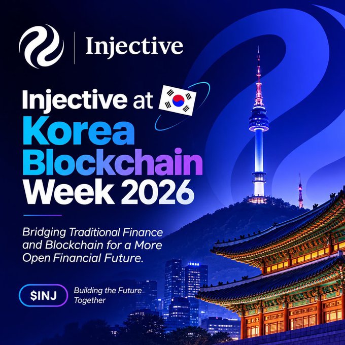 An Injective cryptocurrency promotional graphic for "Korea Blockchain Week 2026" featuring Seoul's N Seoul Tower and traditional Korean architecture, with "$INJ Building the Future Together" branding.