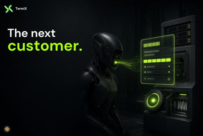 A digital advertisement for 'TermiX' with the tagline 'The next customer,' showing a black robotic figure interfacing with a glowing green server screen.