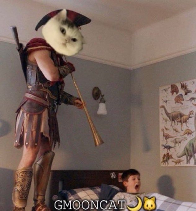 A comedic edited image of a person dressed as a Roman warrior with a cat's head blowing a trumpet at a young boy who is screaming in bed, with the watermark 'GMOONCAT'.