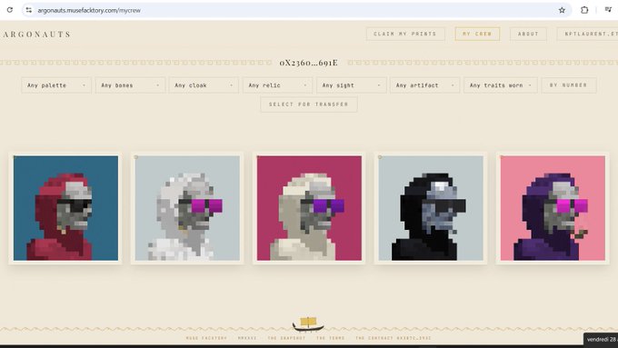 Screenshot of the Argonauts website showing five pixel-art character portraits with sunglasses in red, white, pink, black, and purple color schemes.