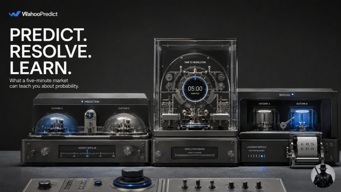 A sleek, dark promotional image for "WahooPredict" displays the tagline "PREDICT. RESOLVE. LEARN." alongside futuristic, dome-shaped devices showing digital readouts like "05:00" and probability numbers (A: 42.7%, B: 57.3%), visually reinforcing the post's point about the rapid, hands-on feedback loop of their five-minute prediction markets.