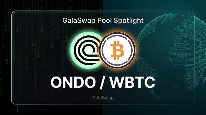GalaSwap Pool Spotlight banner for the ONDO/WBTC trading pair, featuring stylized logos for both tokens against a dark globe background.
