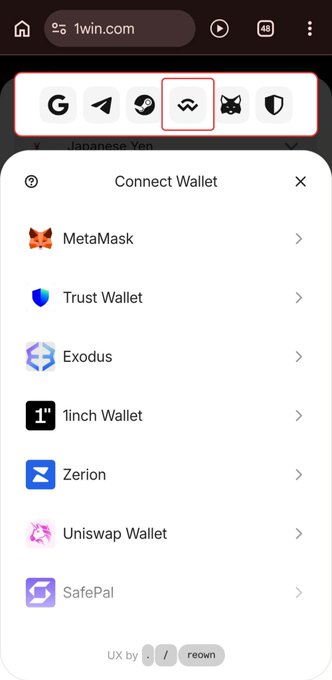 A mobile browser screenshot of 1win.com showing a 'Connect Wallet' menu with options including MetaMask, Trust Wallet, Exodus, 1inch Wallet, Zerion, Uniswap Wallet, and SafePal.