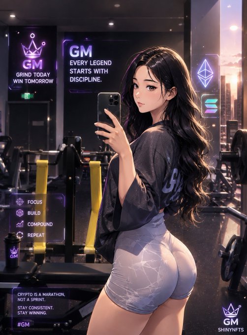 An anime-style illustration of a woman taking a mirror selfie in a gym, wearing a black shirt and shorts, with motivational crypto text including 'GM', 'GRIND TODAY WIN TOMORROW', 'FOCUS BUILD COMPOUND REPEAT', and 'CRYPTO IS A MARATHON, NOT A SPRINT.'
