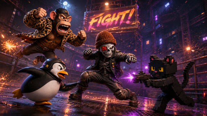 A battle royale scene featuring a flying monkey in a leopard-print jacket, a pirate penguin, a skull-faced figure in a beanie, and a pixelated black cat facing off under a glowing "FIGHT!" banner. The chaotic combatants humorously symbolize the post author's frustration over missing out on a whitelist for @RobinWifHat despite their support for the project's ERC-8004 reputation concept.