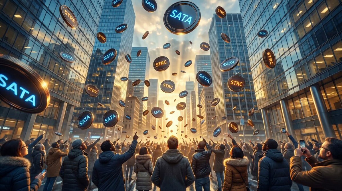 The image shows a large group of people standing outside a building with their arms raised, celebrating an event or achievement. The crowd includes individuals wearing winter clothing such as jackets and hats. There are also several coins scattered around them, possibly representing the winners of a competition or ceremony. The text in the image reads "The winners of the Roxom Bitcoin Payday $STRC→ @UncleDividends $SATA→ @mickaelanic Thanks to everyone who entered. Next week, this could be you." This suggests that the event is related to cryptocurrency and digital currency, possibly a celebration or recognition for those who have won in such an area.
