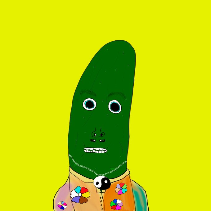 A cartoonish illustration of a green pickle-shaped character with wide eyes, wearing a chain necklace and a colorful flower-patterned shirt against a bright yellow background.