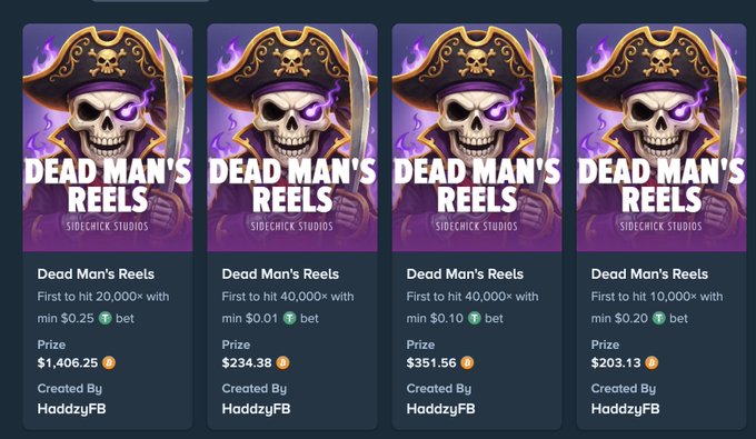 The image displays four "Dead Man's Reels" challenges by Sidechick Studios, all created by HaddzyFB, with varying entry requirements ($0.25, $0.10, $0.10, $0.20 minimum bets) and prizes ranging from $203.13 to $1,406.25. The challenges align with the post announcing a new provider partnership with Sidechick Studios, featuring prize drops and giveaways from Haddzy.