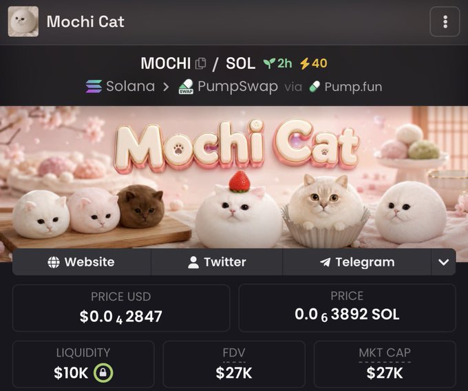 A trading interface displays the MOCHI/SOL token on PumpSwap via Pump.fun, showing a price of $0.0042847, a market cap of $27K, and $10K liquidity, with an image of cute cat-themed mochi desserts. The post promotes $MOCHI as the next potential 100x gem after past successful calls like $CASHCAT, $JIMOTHY, $CATE, and $ANSEM, using the token's low market cap as evidence of its early-stage potential.