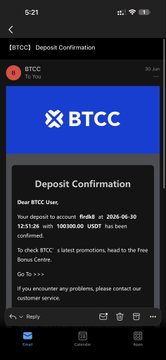 A mobile screenshot of a BTCC exchange deposit confirmation email stating "Your deposit to account field8 of 2026-06-30 13:51:26 with 100100.00 USDT has been confirmed."