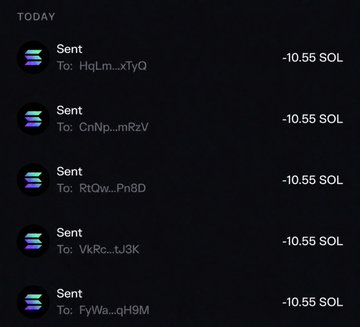 A transaction history showing five "Sent" entries of -10.55 SOL each to various wallet addresses, illustrating the creator distributing SOL to multiple recipients—likely as part of the promised airdrop giveaway requiring users to follow @Crypto__Haris.