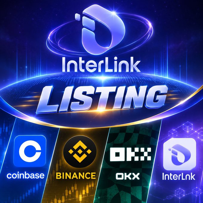 A promotional advertisement announcing 'InterLink LISTING' on major cryptocurrency exchanges, displaying the logos of Coinbase, Binance, OKX, and InterLink against a blue cosmic background.