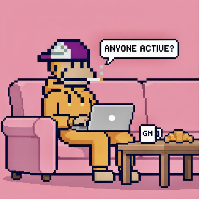 Pixel art of a character in a yellow outfit and purple cap sitting on a pink couch with a laptop, asking 'ANYONE ACTIVE?' via speech bubble, with a 'GM' mug on the table.