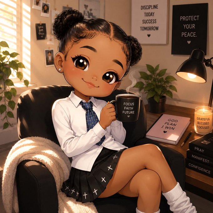 An AI-generated cartoon illustration of a young girl with hair buns in a school uniform, holding a 'FOCUS FAITH FUTURE' mug, surrounded by motivational posters ('DISCIPLINE TODAY SUCCESS TOMORROW', 'PROTECT YOUR PEACE.') and books labeled 'GOD PLAN I WIN', 'PRAY MANIFEST CONFIDENCE'.