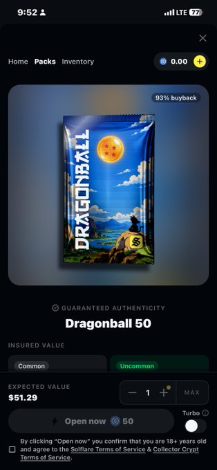 A mobile app screen titled 'Dragonball 50' from Solfare, showing a sealed Dragon Ball trading card pack with an expected value of $51.29 and an option to open now.