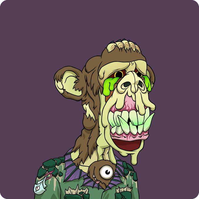 A grotesque cartoon-style zombie monkey with glowing green tears, exposed fangs, and a small eyeball on its chest grins maniacally against a purple background, fitting the eerie "Mutant" theme of a 5-year anniversary celebration.