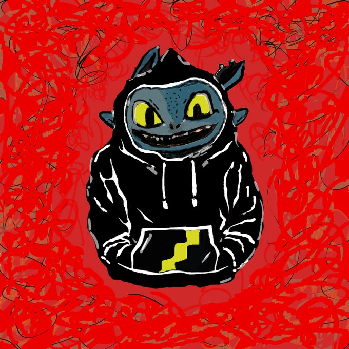 A digital drawing of a blue gremlin-like creature wearing a black hoodie, with glowing yellow eyes and sharp teeth, set against a textured red and black background.