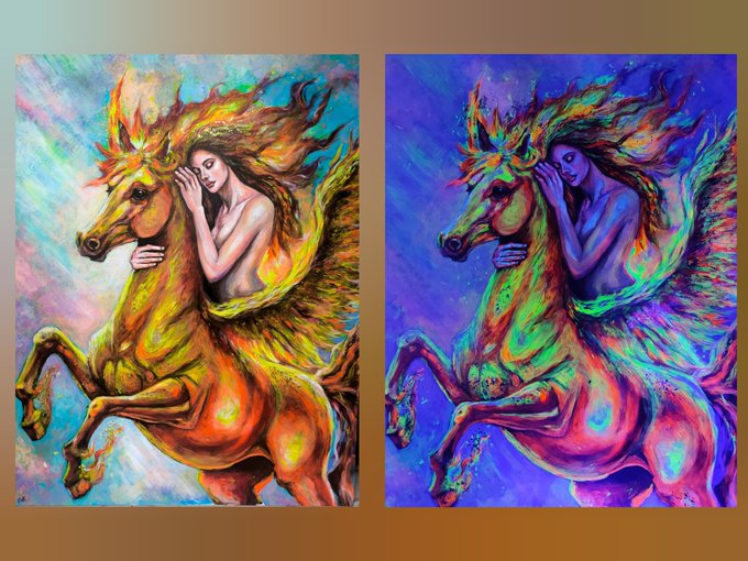 The image displays two vibrant, psychedelic paintings of a woman embracing a winged horse