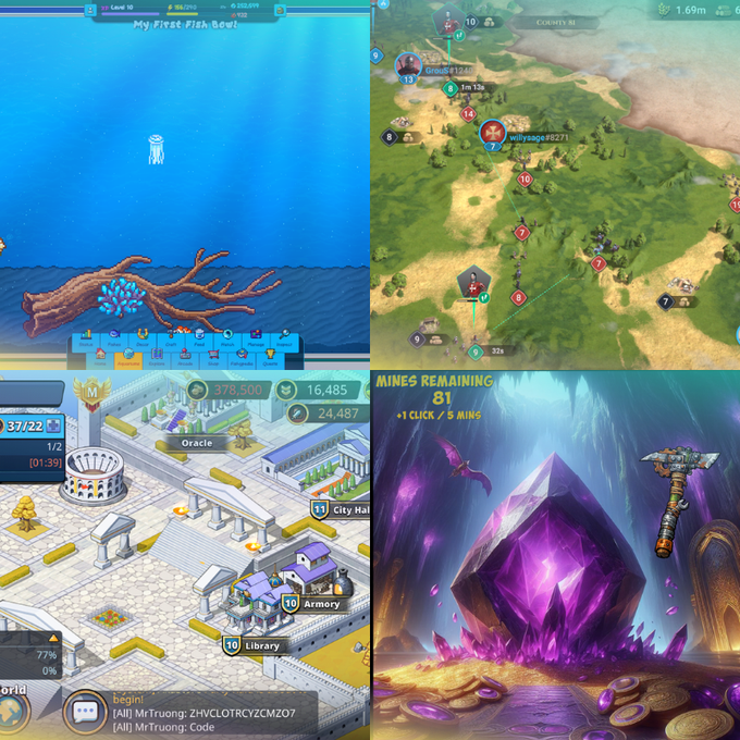 The image shows four different game scenes, each with its own unique gameplay and setting. The first scene depicts an underwater environment where players can explore and interact with marine life using a sword or bow and arrow. The second scene features a castle-like structure surrounded by trees and mountains, where players must defend the area from enemies and complete various missions to progress through the game.

The third scene is set in a cityscape with buildings of different sizes and shapes, and it appears that players are navigating this urban environment using a map or GPS system. The fourth scene shows a large purple crystal on display, which seems to be the main focus of the gameplay experience. 

These four game scenes are part of a larger post about gaming experiences, where the author shares their thoughts and opinions on various games they have played recently.