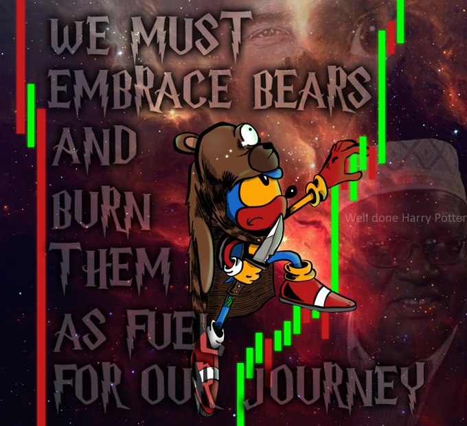 A humorous image featuring Banjo-Kazooie wearing a bear suit over text reading 'WE MUST EMBRACE BEARS AND BURN THEM AS FUEL FOR OUR JOURNEY' with stock chart lines overlaid on a cosmic background featuring Dumbledore's face and the text 'Well done Harry Potter'.