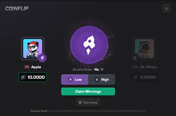 A Coinflip gambling interface showing a coin flip game between 'Apple' (bet 10.0000) and 'Mr.Whale' (0.0000), featuring a purple central coin graphic with Low/High betting options and 'Claim Winnings' button.