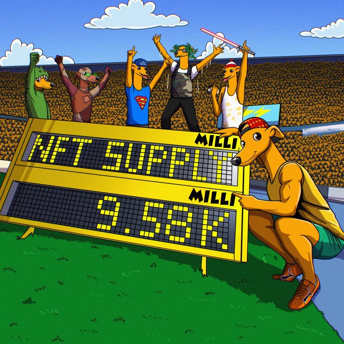 A vibrant cartoon illustration depicts an anthropomorphic dog pointing at a digital scoreboard displaying 'NET SOBA' and 'MILLI' in a stadium setting, while a group of various characters cheer enthusiastically in the background.