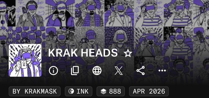 A digital NFT collection banner for 'KRAK HEADS' by KRAKMASK, built on INK blockchain with 888 items, releasing APR 2026, featuring purple-tinted stylized character illustrations.