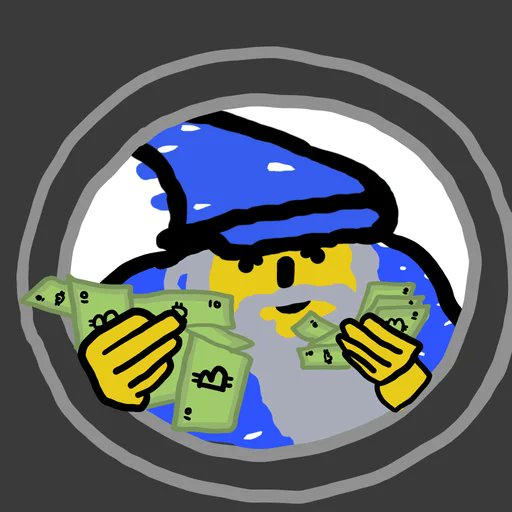 The image features a cartoon illustration of a wizard, wearing a blue hat with a green feather, holding stacks of money. The wizard's face has a big smile, indicating that he is happy or excited about his wealth. The post also mentions Bitcoin Wizard #466 and Bitcoin #4766, which are likely the artist's signature works. The image seems to be related to the Bitcoin world, as it features a cartoon representation of a Bitcoin Wizard with stacks of money in his hands.