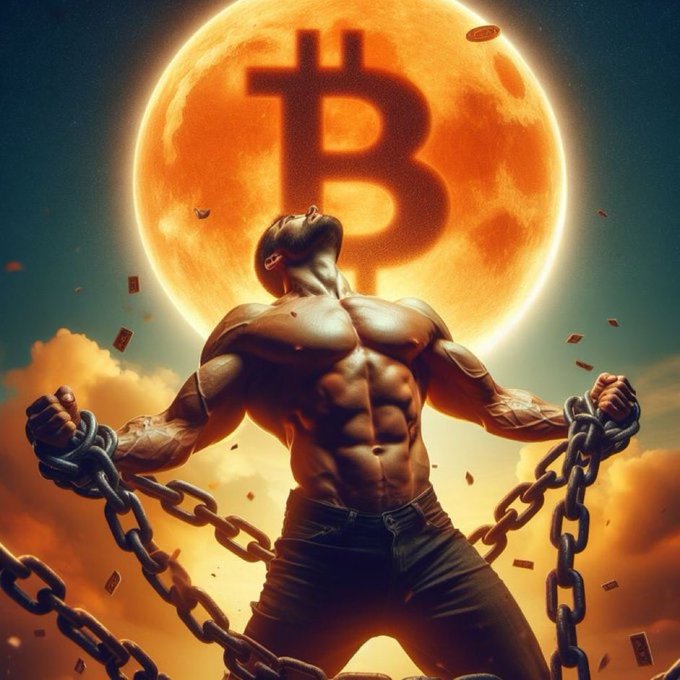A digital artwork depicting a muscular man breaking free from heavy chains, with a large glowing Bitcoin logo set against a massive orange moon in the background.
