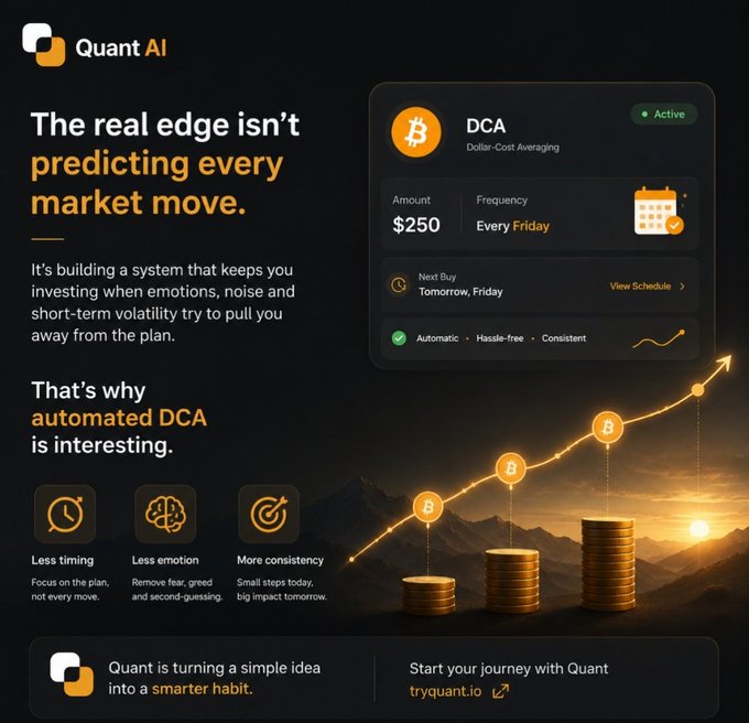 A promotional graphic for 'Quant AI' highlighting automated DCA (Dollar-Cost Averaging) for Bitcoin, featuring a $250 every Friday schedule and benefits like less timing, less emotion, and more consistency.
