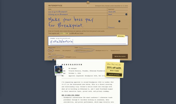 A Breakpoint 2026 (Olympia, London, November 15–17, 2026) memo application form with the handwritten request "Make your boss pay for Breakpoint" and the submitted handle "@vitalikbuterin," accompanied by a generated memorandum from Vitalik Buterin (Vitalik.eth) addressed to his manager approving attendance and offering "25% off" with promo code BP26-VIBHU.