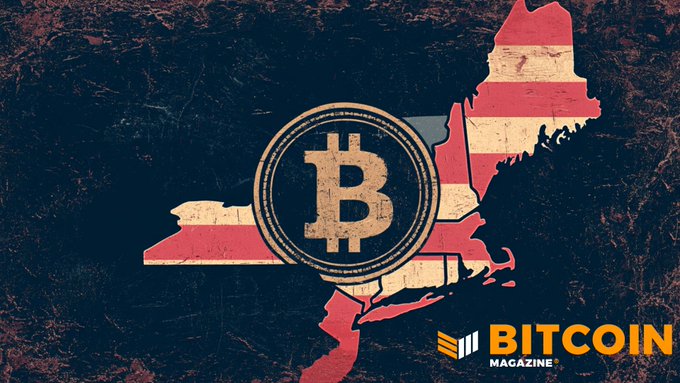 A graphic from Bitcoin Magazine features a stylized map of New Hampshire overlaid with a large Bitcoin logo in the center, with the publication's "BITCOIN MAGAZINE" branding in the bottom right corner. The image visually anchors the story about New Hampshire's failed attempt to issue a $100 million Bitcoin-backed municipal bond, which was rejected by the state Executive Council.