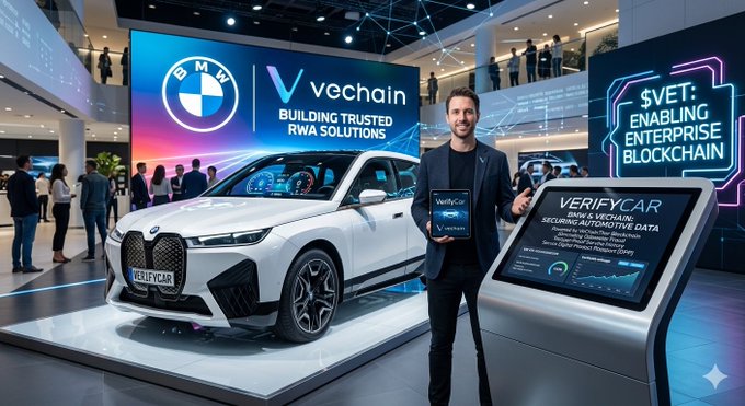 An auto show display featuring a BMW 'VERIFY.CAR' with Vechain branding promoting 'Building Trusted RWA Solutions' and 'Securing Automotive Data'.