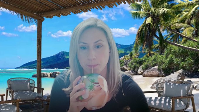 A woman with blonde hair drinking from a coconut with a straw, digitally composited against a tropical beach background with palm trees and blue water, labeled 'April Zoe' in the corner.