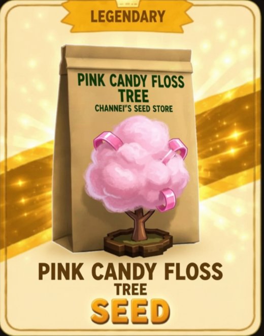 A 'LEGENDARY' item card from a game showing a 'PINK CANDY FLOSS TREE SEED' from 'CHANNEI'S SEED STORE', featuring an illustration of a pink cotton candy-like tree.