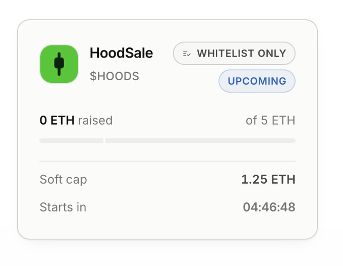 An interface for a 'HoodSale' token shows '0 ETH raised' of a '5 ETH' goal, with 'WHITELIST ONLY', 'UPCOMING', a soft cap of '1.25 ETH', and a countdown timer.
