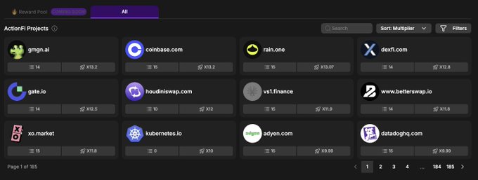 The image shows a dashboard displaying an "ActionFi Projects" leaderboard featuring 12 crypto-related platforms (including gmgn.ai, coinbase.com, rain.one, dexfi.com, gate.io, houdiniswap.com, ws1.finance, betterswap.io, xo.market, kubernetes.io, edyen.com, and datadoghq.com) each with vote counts and K13 multipliers. The leaderboard relates to the ActionFi campaign being announced, which rewards top 200 participants with $100,000 in prizes through ActionModelAI.