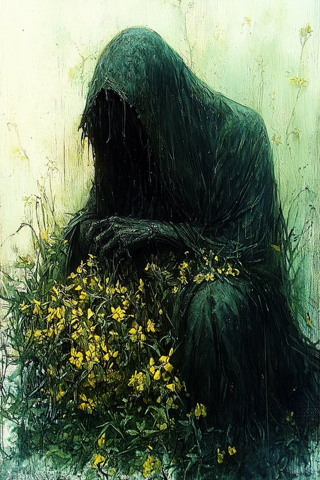 A dark, hooded figure rendered in an eerie painting style sits among tall grass and yellow flowers in a muted, atmospheric landscape.